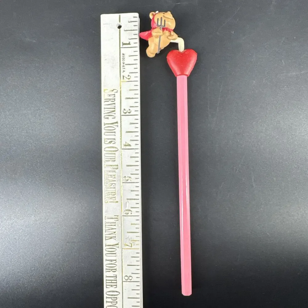 VTG RUSS Pink Pencil Teddy Topper Valentines Heart Devil, Hot Stuff Unsharpened